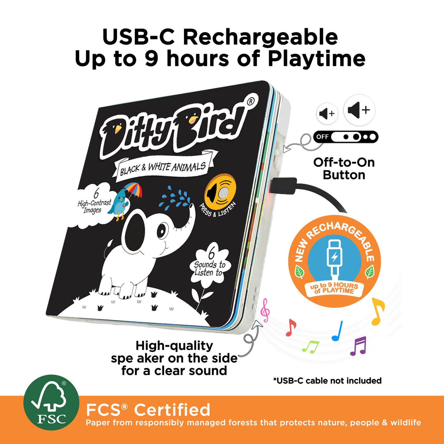 Ditty Bird (USB-C) - Black and White Animals